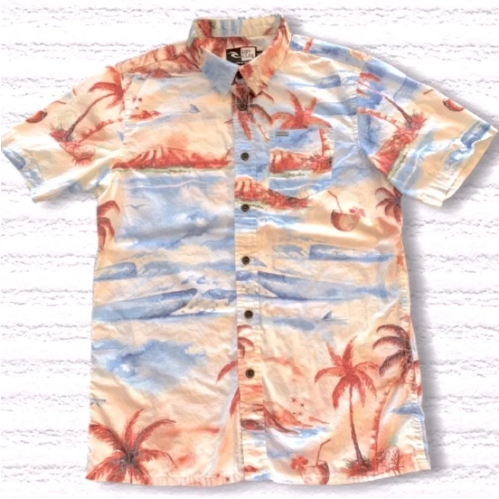 Rip Curl Short Sleeve Button Down Shirt Tropical Palm Tree Ocean Print